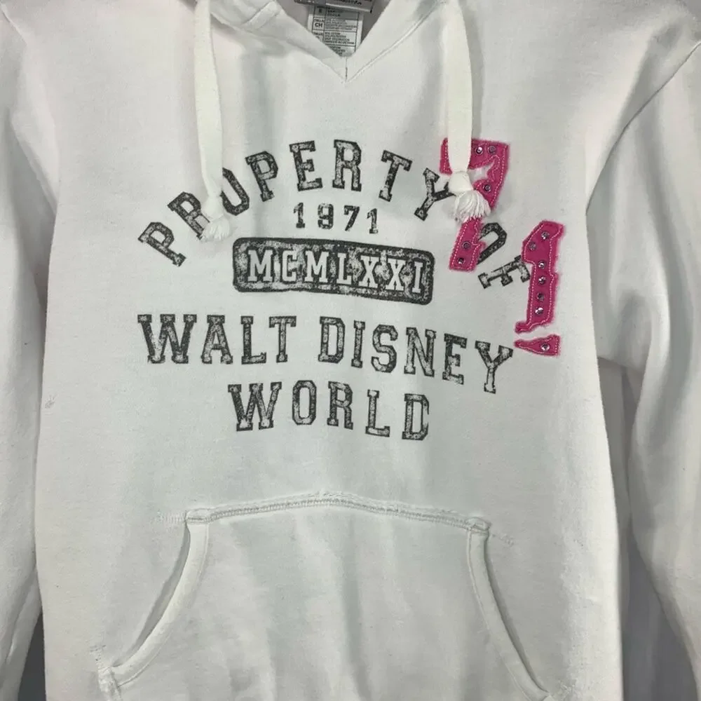 Walt Disney World Property of 1971 Hoodie‎ Long Sleeve V-Neck White Pink Size S